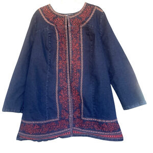 Jessica London Women Jean Jacket Plus Size 22W Long Denim Open Front Embroidered